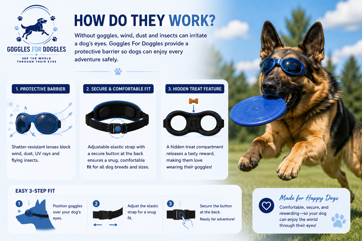 Alsatian dog wearing goggles catching a blue frisbee