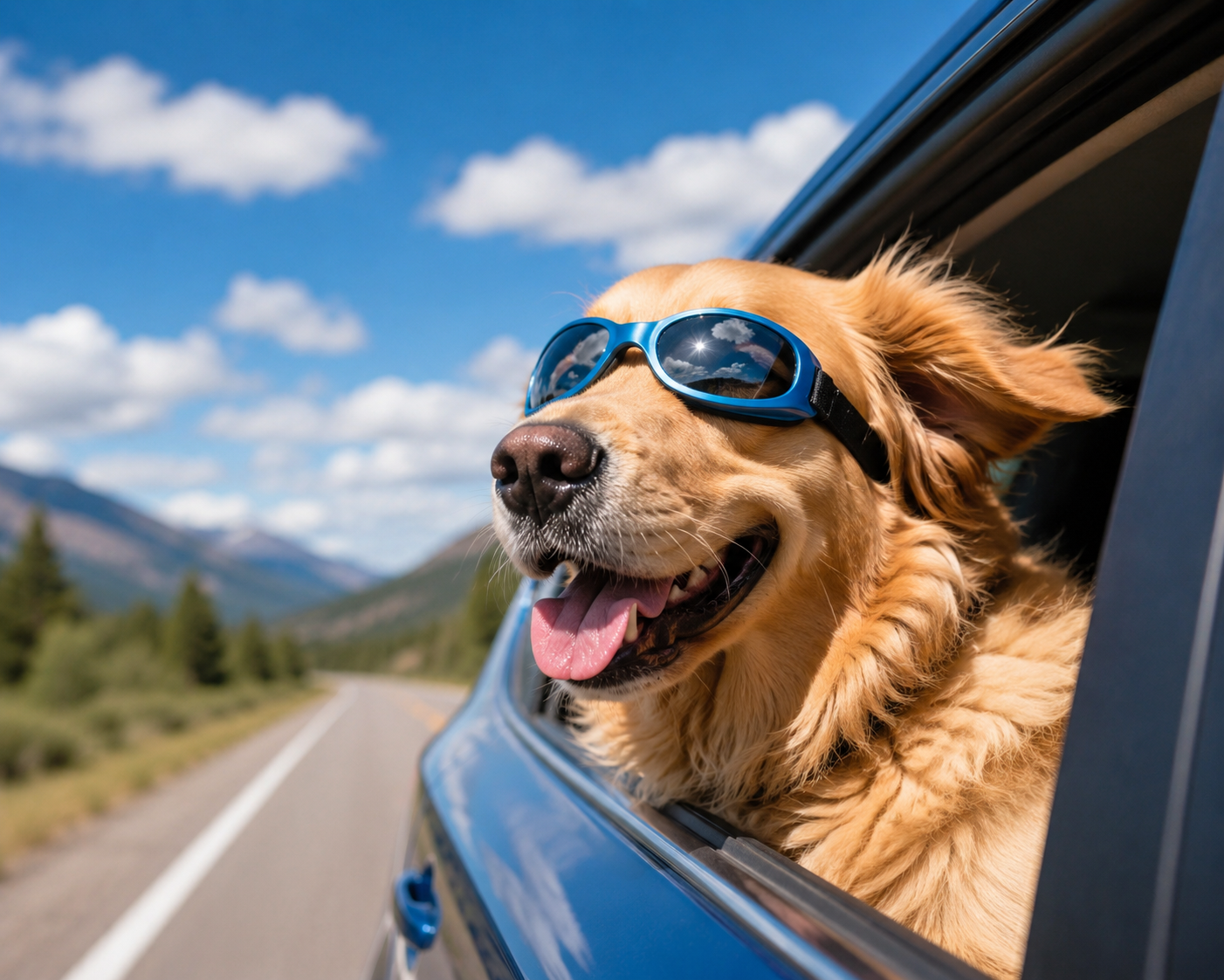 Happy dog wearing blue goggles with its head out of a car window